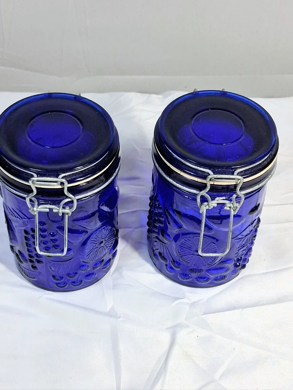 Set Of 2 Mid-Century Deep Cobalt Blue Eire Bail Clamps Kitchen Canisters